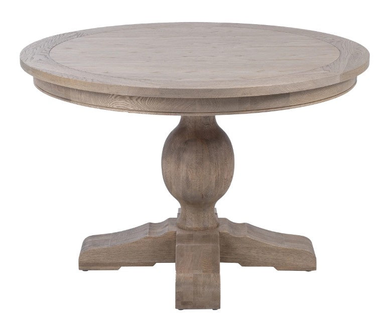 Somerset round dining table in weathered oak with pedestal base 120cm