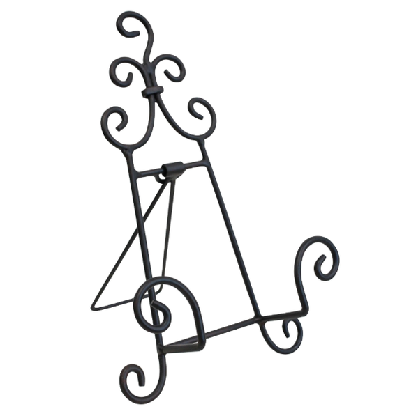 Somerset scroll metal plate stand in dark finish with decorative ironwork