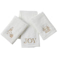 Set of three white cotton Christmas hand towels with champagne-gold embroidered motifs including presents, snow globe, and ‘JOY’ design.