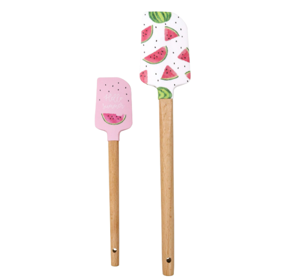 Spatula set with wooden handles and colourful watermelon-themed silicone heads, two sizes.