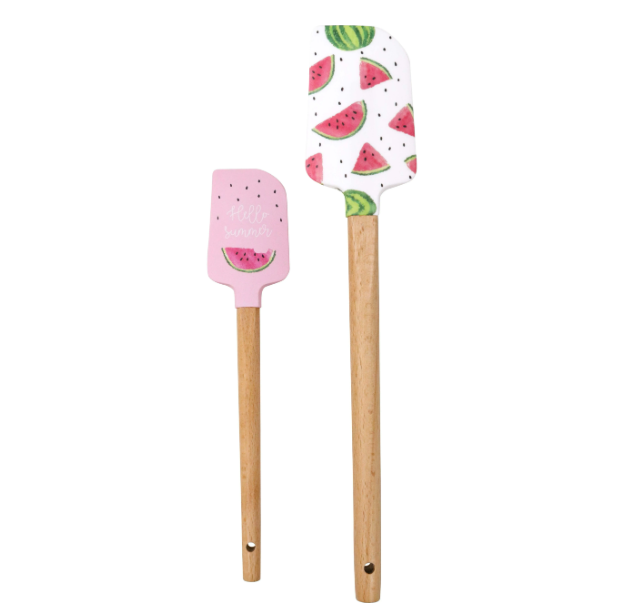 Spatula set with wooden handles and colourful watermelon-themed silicone heads, two sizes.