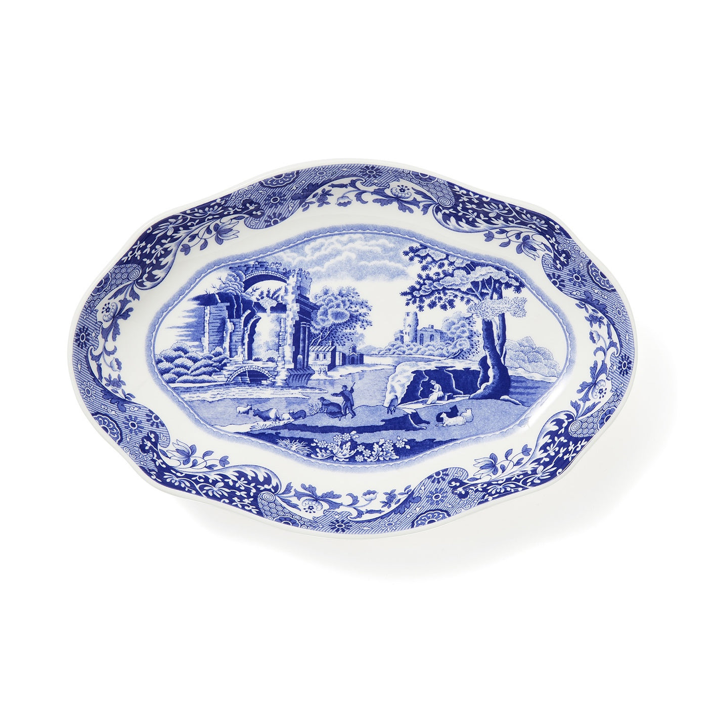 Spode Blue Italian fluted oval dish 21.5cm in fine porcelain with classic blue landscape pattern