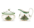 Spode Christmas Tree sugar bowl and creamer set featuring the classic festive tree design with green trim.