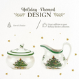 Spode Christmas Tree sugar bowl and creamer set featuring the classic festive tree design with green trim.