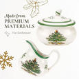 Spode Christmas Tree sugar bowl and creamer set featuring the classic festive tree design with green trim.