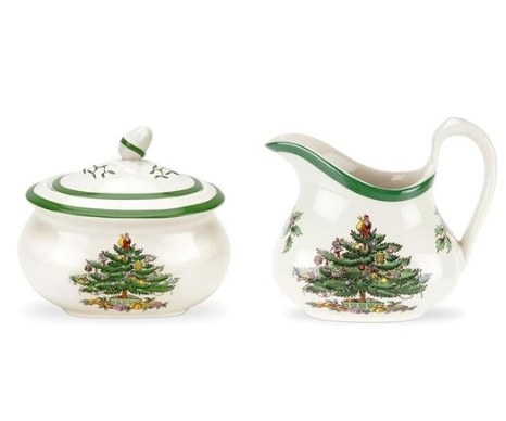 Spode Christmas Tree sugar bowl and creamer set featuring the classic festive tree design with green trim.