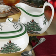 Spode Christmas Tree sugar bowl and creamer set styled for Christmas entertaining with festive table décor, seasonal treats and holiday tableware.