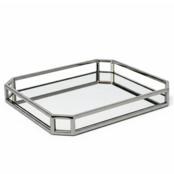 Square mirrored tray with sloped silver frame and reflective glass base, shown on a white background