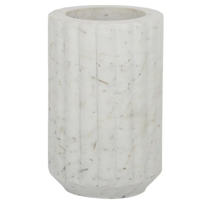 White and grey fluted marble vase, 12x20cm decorative home décor.