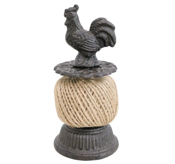 Rustic cast iron rooster string holder with natural jute twine