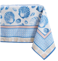 Blue and white cotton tablecloth with coastal shell print and decorative border, draped over a table