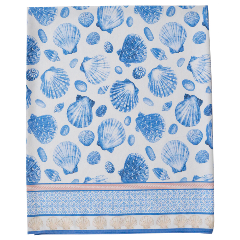 Tablecloth Shells folded to show blue seashell pattern and patterned border detail on cotton fabric