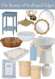 Curated collection of scalloped-edge home décor including rattan trays, ceramic bowls, mirrors, lighting and furniture in soft coastal tones, styled together to highlight gentle curves and timeless design.