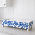 Blue and white floral tidy tray on a bench with raised base, featuring classic chinoiserie botanical pattern, ideal for organising bathroom, kitchen or vanity essentials in a Hamptons-style home.