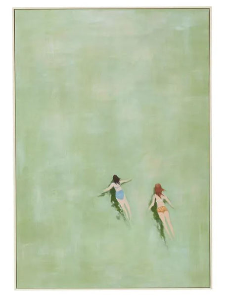 Tranquil Tides Swimmers Artwork showing two swimmers in soft green water with whitewash frame