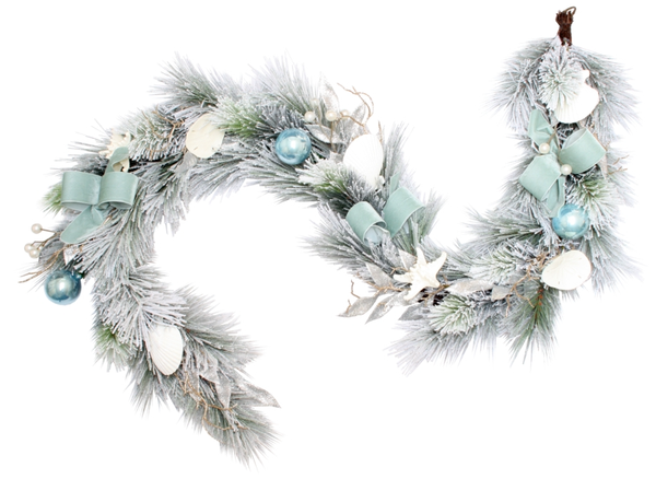 Turquoise Tides 180cm Christmas garland with frosted pine, turquoise baubles, seashells, and ribbon bows — coastal festive decoration.