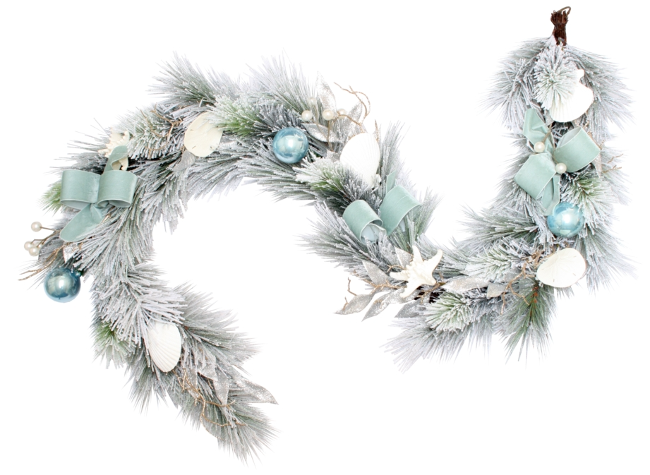 Turquoise Tides 180cm Christmas garland with frosted pine, turquoise baubles, seashells, and ribbon bows — coastal festive decoration.