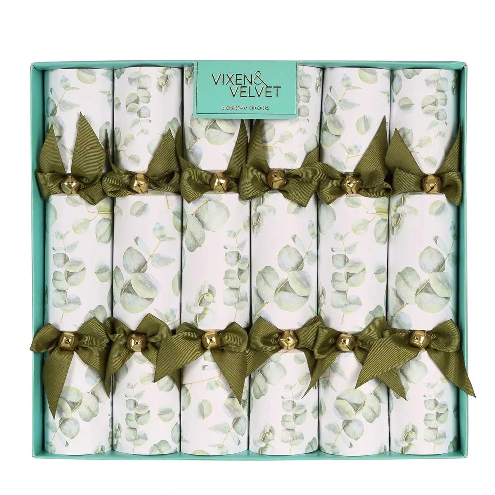 eucalyptus crackers set of six in sage green and white botanical design with ribbon detail, elegant table styling