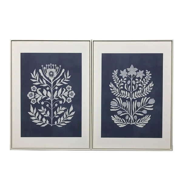 Flowers Blue Motif Framed Wall Art – Set of 2 (60x80cm each)