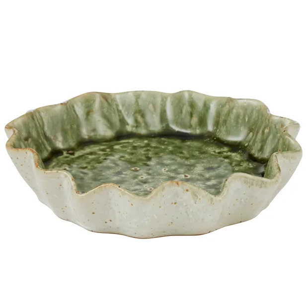 Olive green ceramic dish with scalloped edge and reactive glaze finish