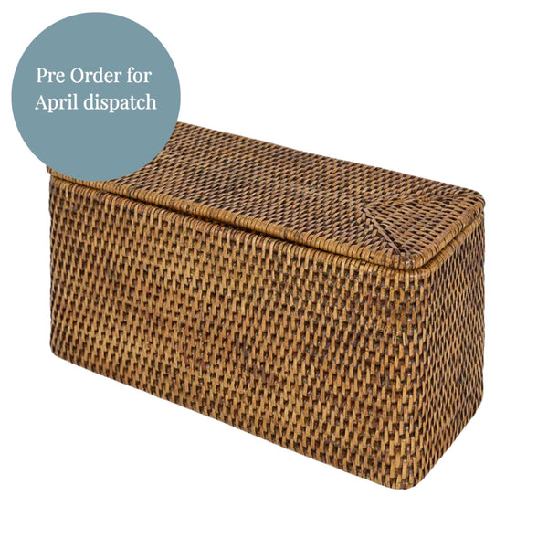 Valley rattan toilet paper holder in brown with woven lid with pre-order for April dispatch overlay 