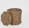 Brown scalloped rattan basket showing interior and removable lid