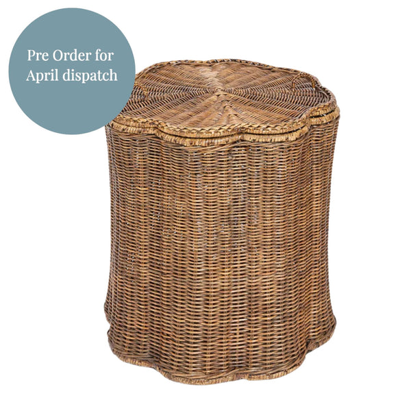 Valley scallop rattan basket in brown with lid and woven texture with pre-order for April dispatch overlay