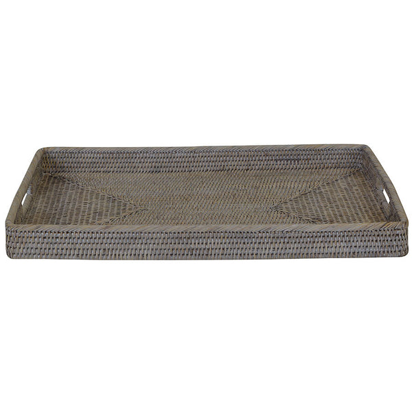 Rectangular whitewashed rattan serving tray with handles coastal style