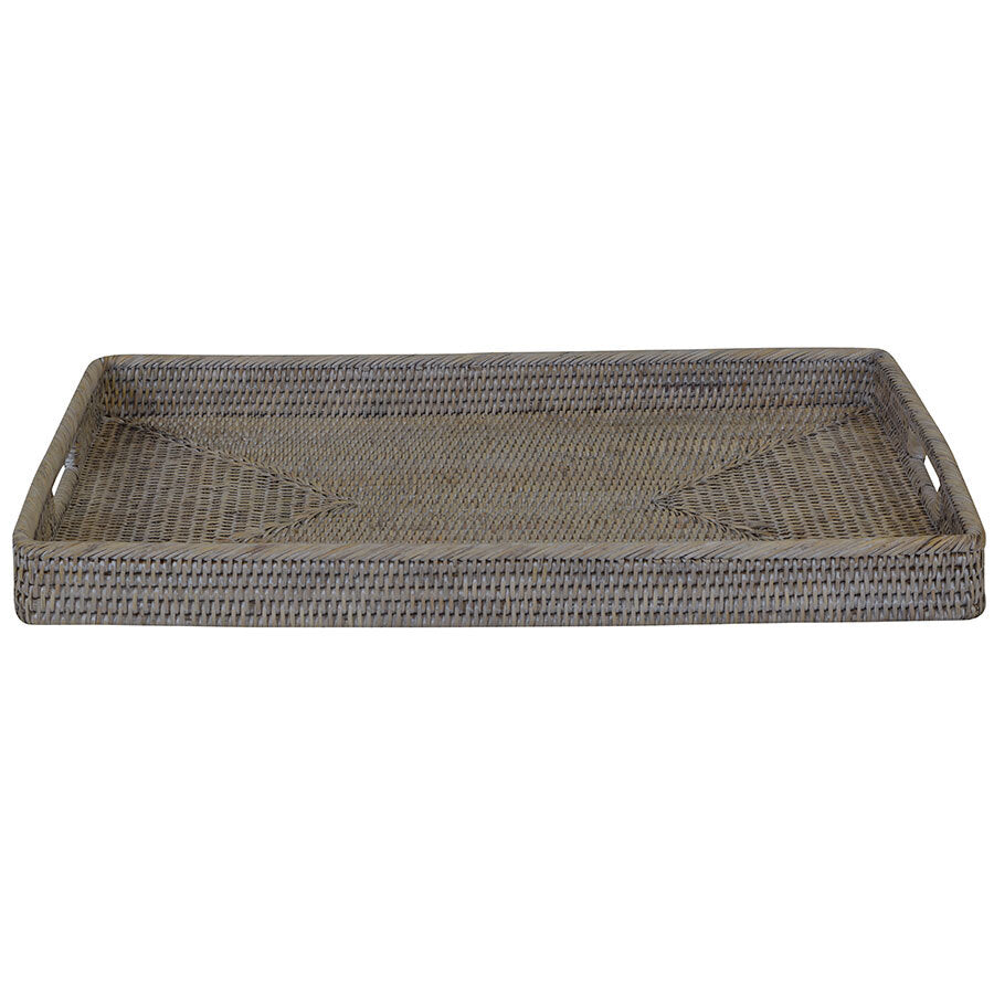 Rectangular whitewashed rattan serving tray with handles coastal style