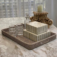 Rectangular whitewashed rattan serving tray with handles coastal style