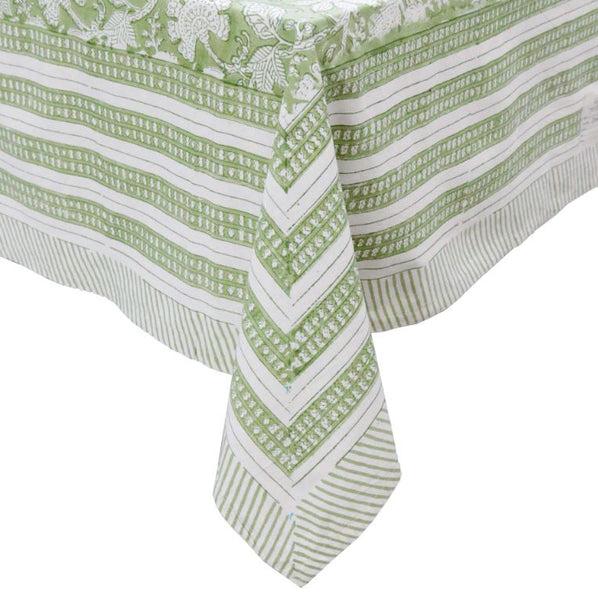 Green block print cotton tablecloth corner detail