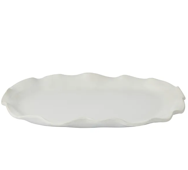 Verity Ceramic Platter in natural white with softly ruffled edge, 30x45cm.