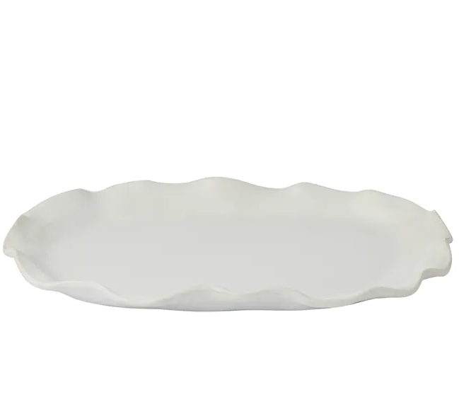 Verity Ceramic Platter in natural white with softly ruffled edge, 30x45cm.