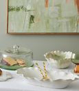 Verity Ceramic Shallow Bowl in natural white with softly ruffled edge, 25x44x7.5cm.