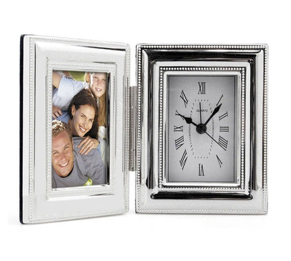 Silver Plated Beaded Clock/Photo Frame