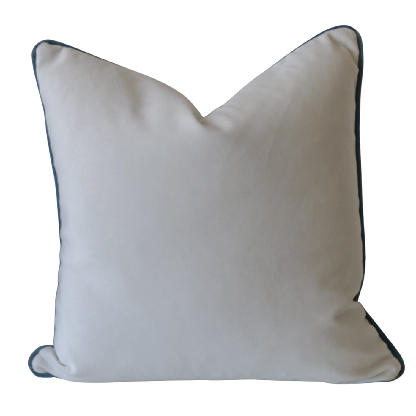 Ivory velvet cushion with Wedgewood blue piping, square 50cm decorative cushion on white background
