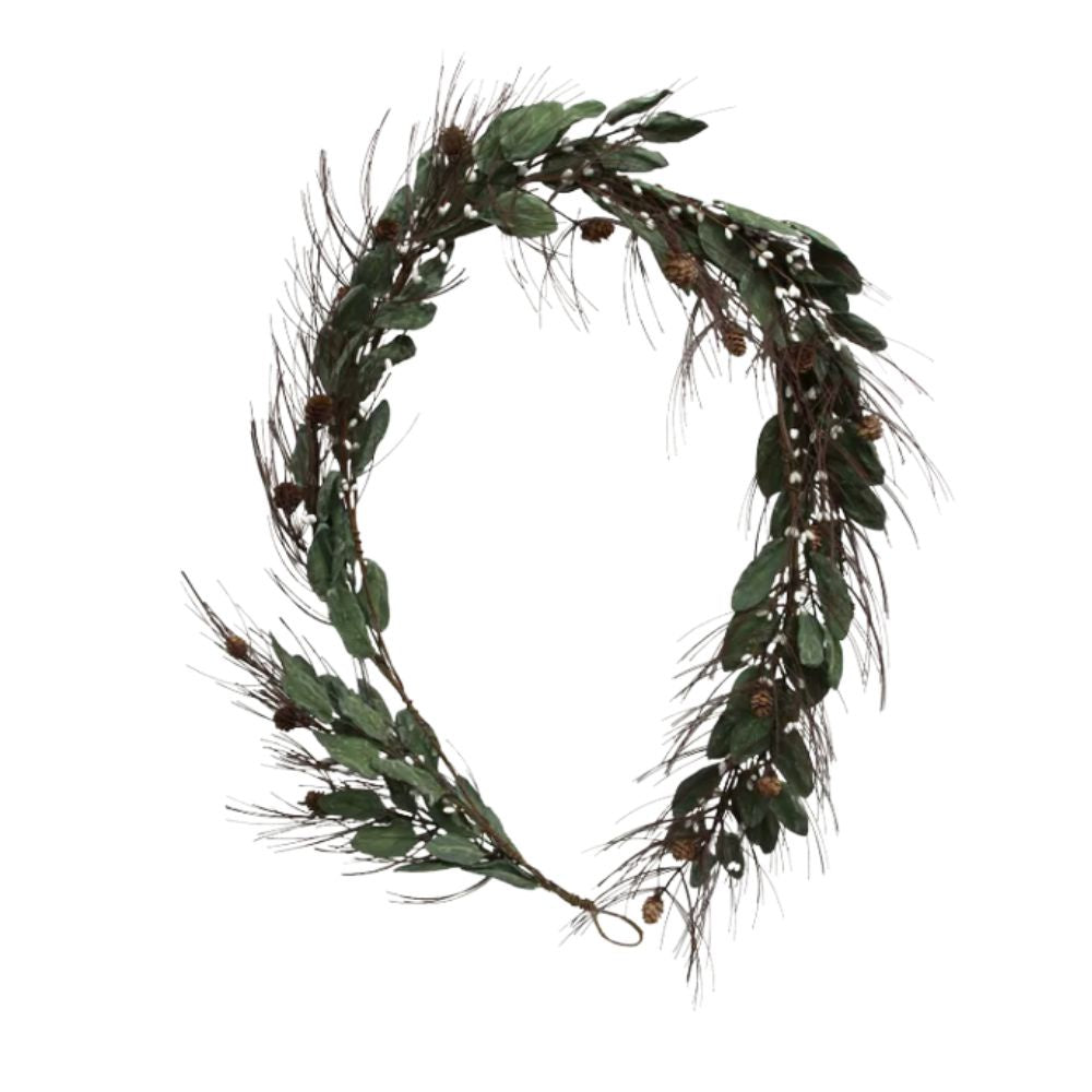 White Berry & Pinecone Swag Large with green foliage, pine needles, pinecones and white berries.