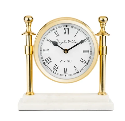 White Marble Round Column Clock on Gold Base