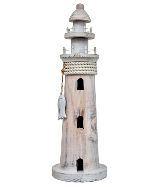 Large whitewashed wooden lighthouse ornament with rope detail and hanging fish accent.