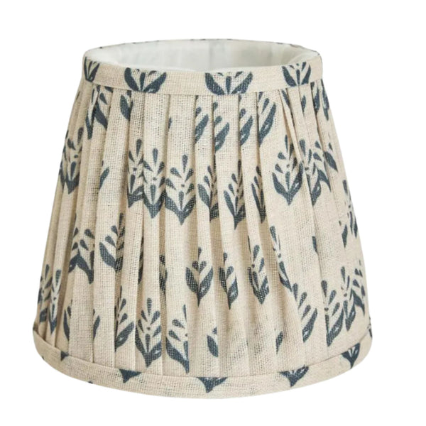Pleated linen lamp shade with blue botanical pattern small size