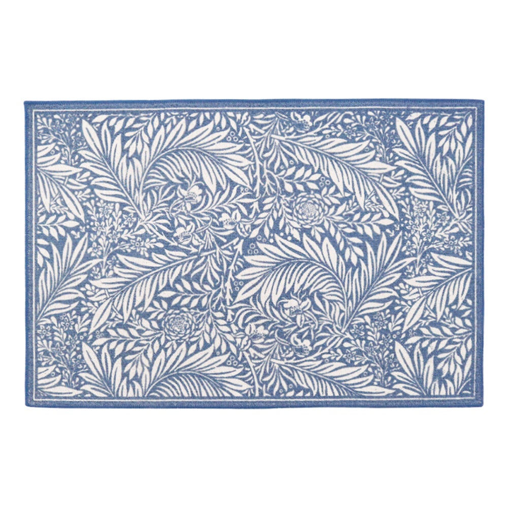 Willow blue non-slip door mat 60x90cm with white botanical leaf pattern on timber floor at front door