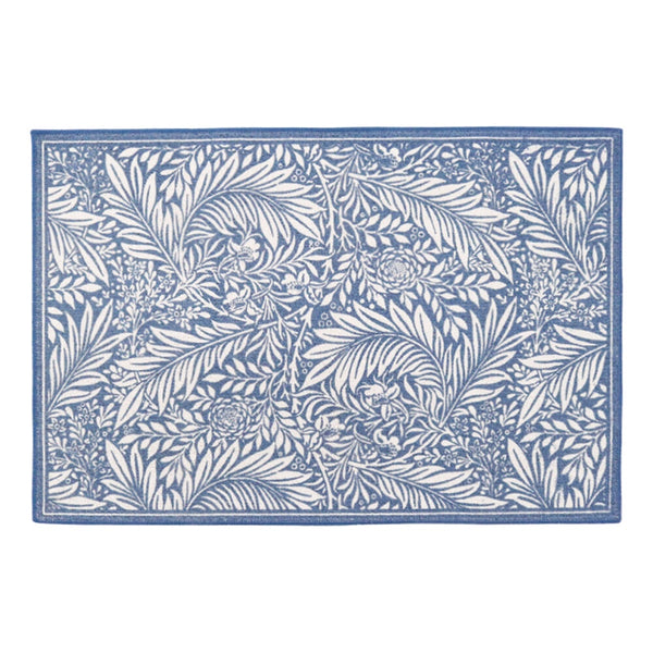 Willow blue non-slip door mat 60x90cm with white botanical leaf pattern on timber floor at front door