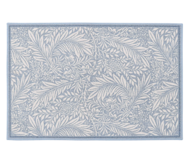 Blue-grey botanical non-slip door mat, 60x90cm, with detailed leaf pattern on timber floor in hallway.