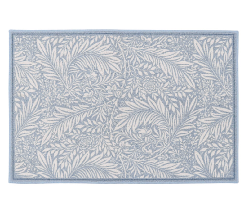 Blue-grey botanical non-slip door mat, 60x90cm, with detailed leaf pattern on timber floor in hallway.