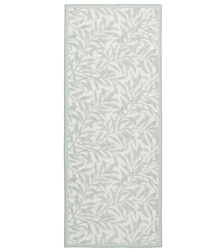 Willow Sage non-slip runner 60x150cm with sage botanical leaf pattern on white background placed on timber flooring