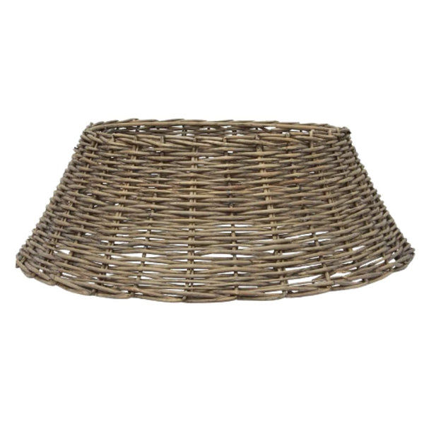small wicker willow tree skirt in washed grey finish for Christmas tree base styling