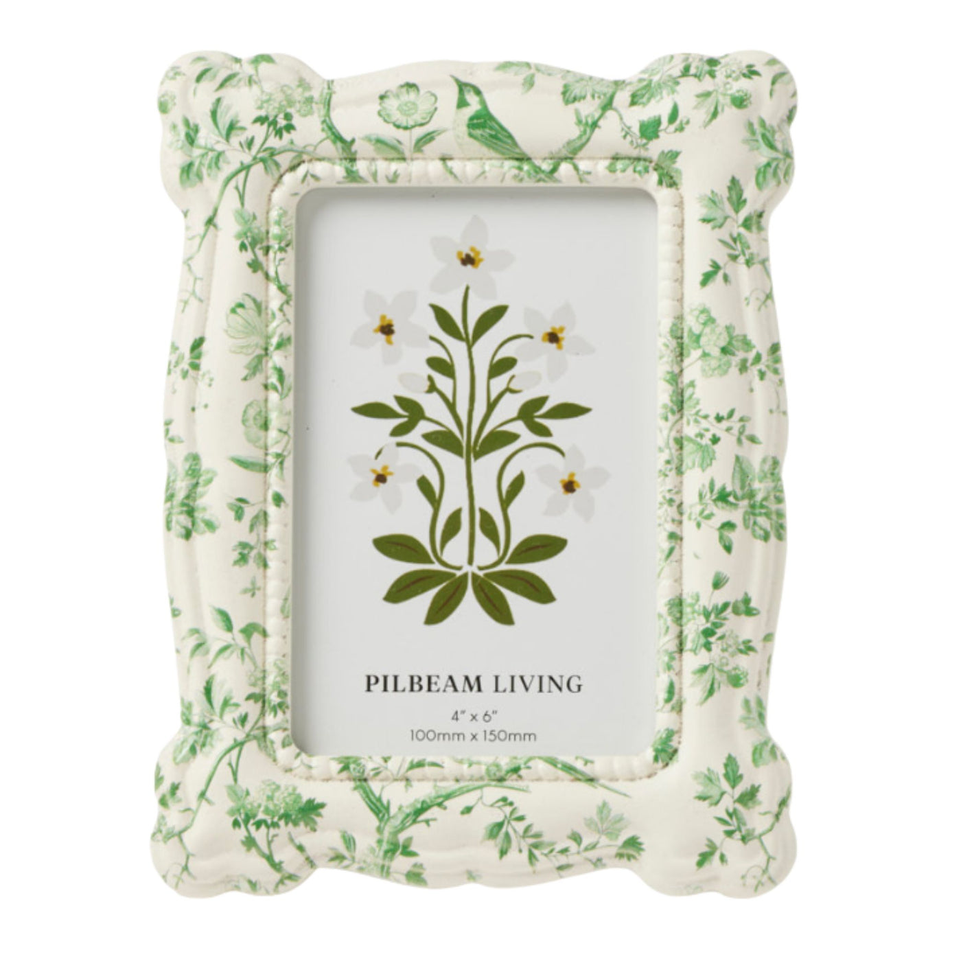 Scalloped cream photo frame with green floral and bird motif 4x6 size