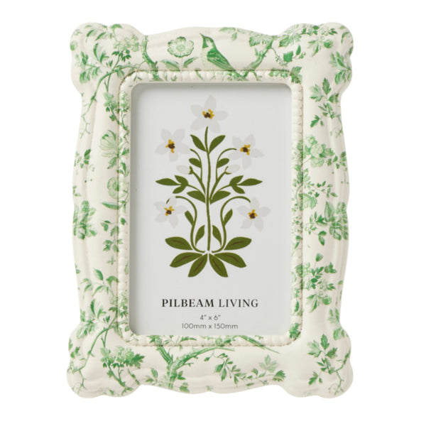 Scalloped cream photo frame with green floral and bird motif 4x6 size