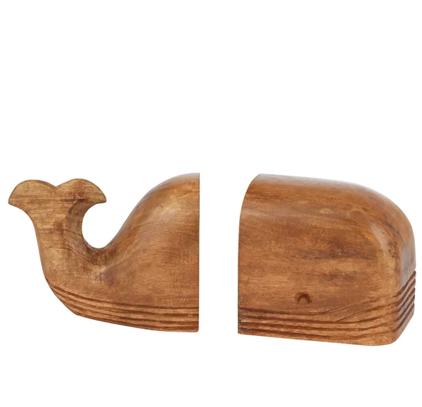 Natural wood whale bookends, hand-carved, split design. One piece shows the whale tail, the other shows the head/body. Rustic coastal home decor.