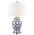 Winton jar shaped table lamp in blue and white ceramic with white shade, small decorative table lamp